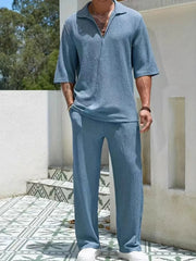 Men's Johnny Collar Half Sleeve Top and Pants Set - kinko
