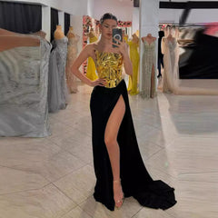 One-shoulder Leather Top Slit Mop Black Dress Two-piece Set Sexy Lacing Backless Light Dress - kinko