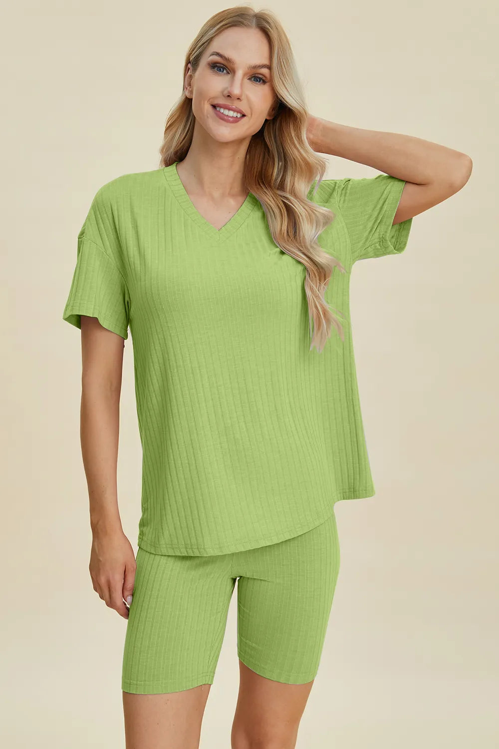 Basic Bae Full Size Ribbed V-Neck Short Sleeve Top and Shorts Set - kinko