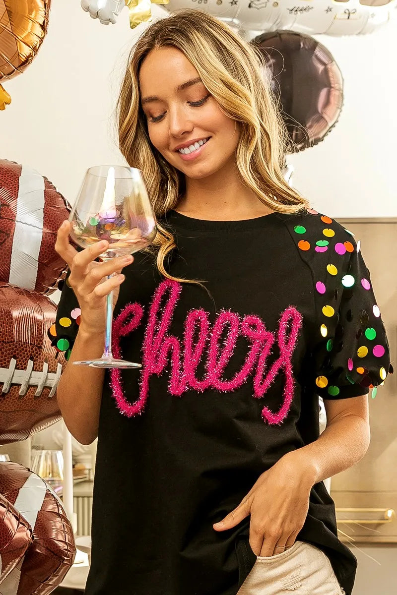 BiBi Metallic Letter Spangle Raglan Puff Sleeve Top - kinko