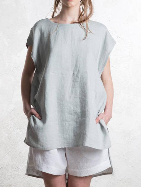 Round Neck Front Short Back Long Short Sleeve Top For Women - kinko