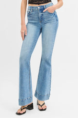 RISEN Full Size Tummy Control Elastic Band High Rise Flare Jeans Plus Size - kinko