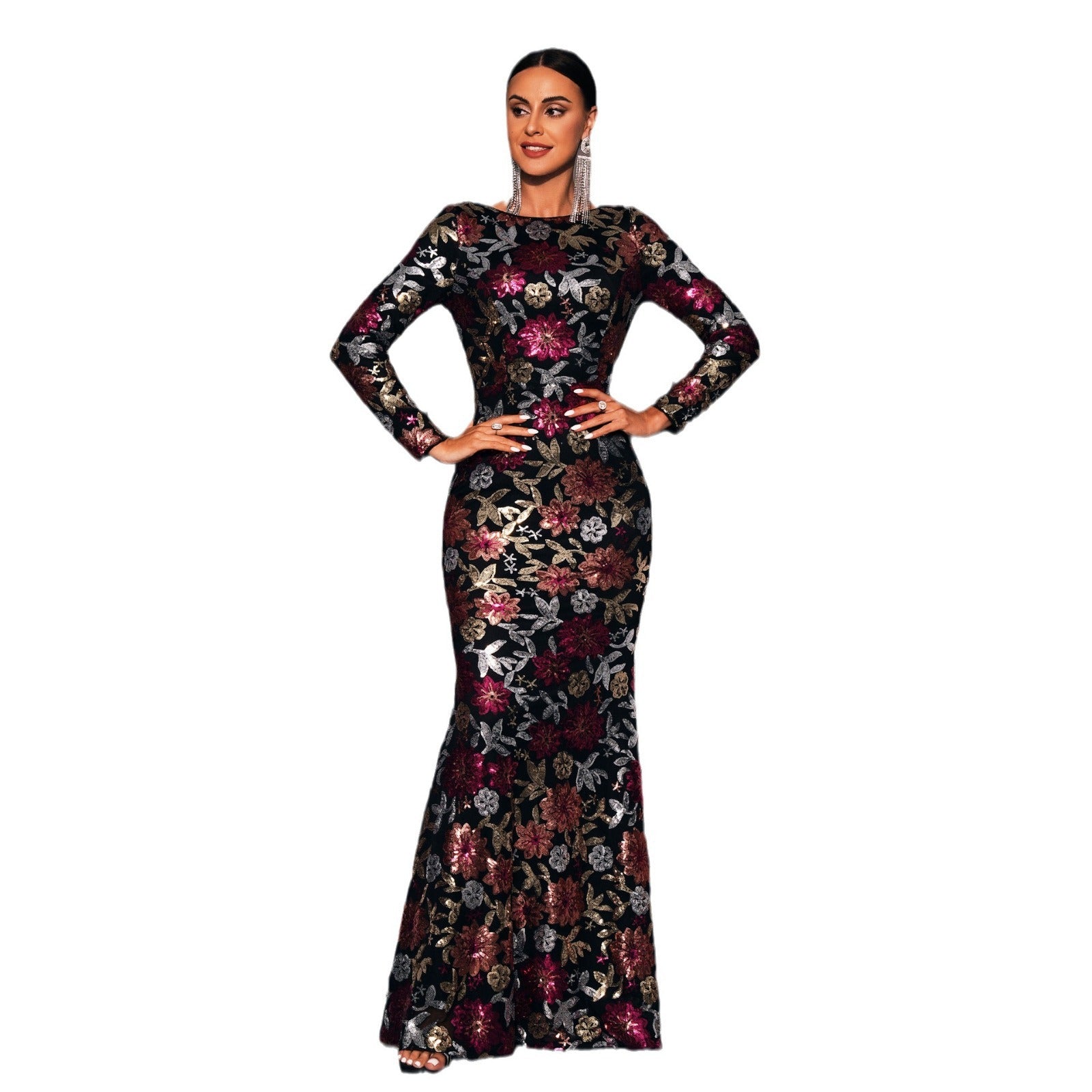 Evening Gown Long Sleeve Temperament Crew Neck Long Sequined Banquet Bridesmaid Dress - kinko