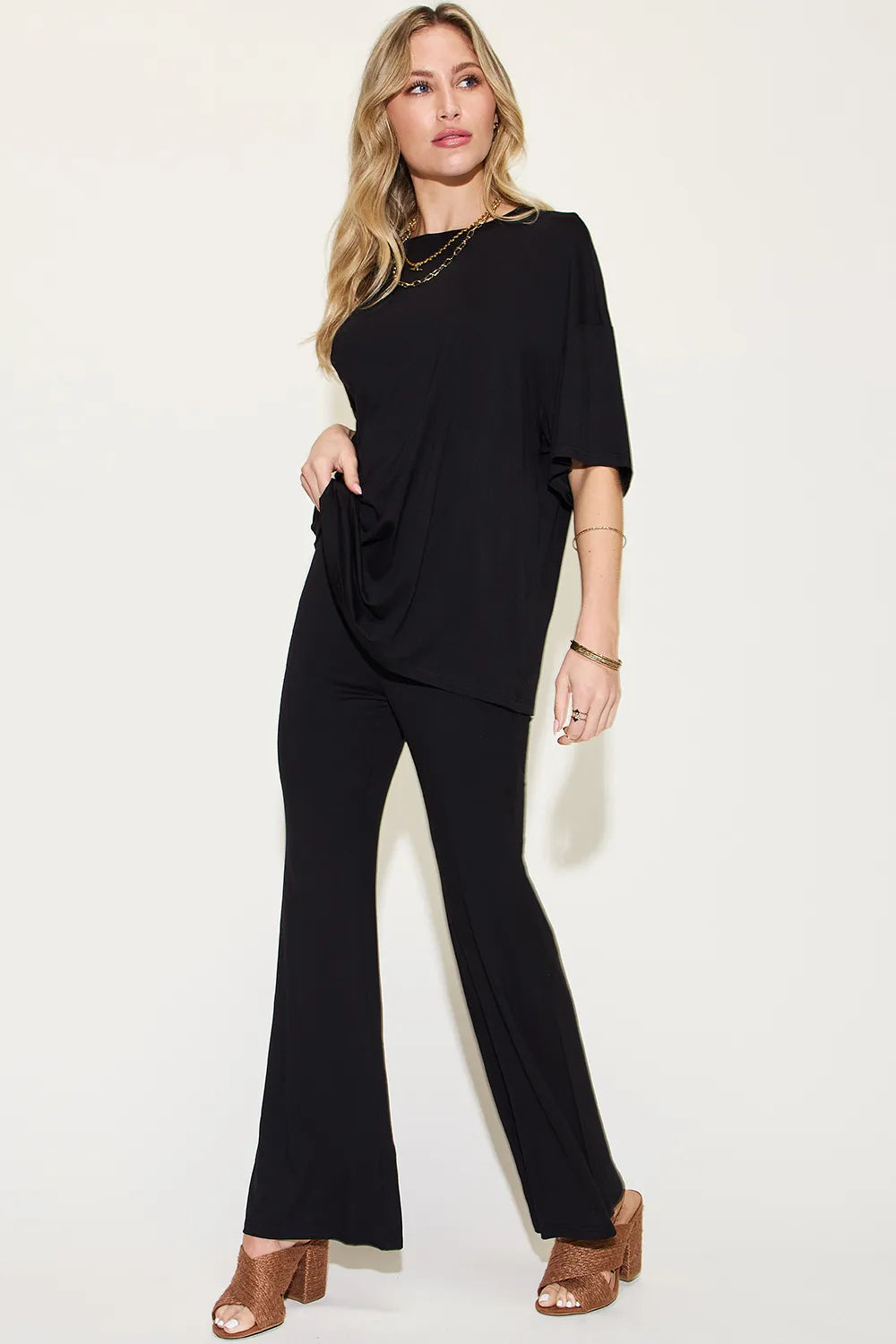 Basic Bae Full Size Bamboo Drop Shoulder T-Shirt and Flare Pants Set - kinko