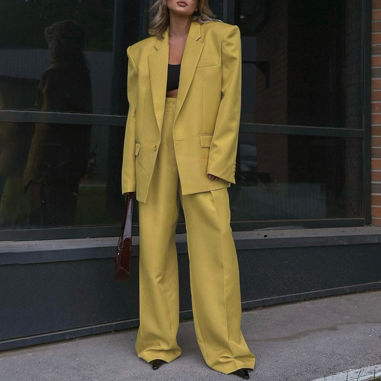 Long Sleeve Lapel Baggy Coat High Waist Wide Leg Pants Two-piece Set - kinko