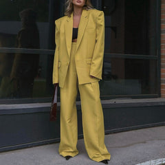 Long Sleeve Lapel Baggy Coat High Waist Wide Leg Pants Two-piece Set - kinko