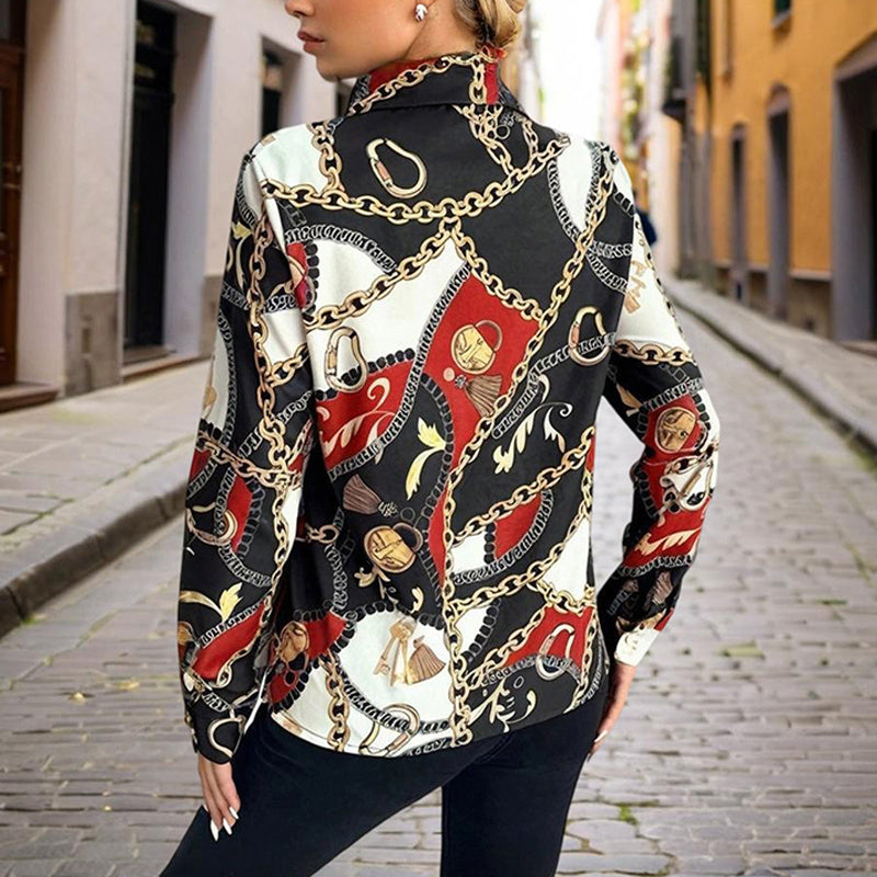 Women's Lapel Long Sleeve Shirt - Fitted Cut Intricate Print Button-Up Design Casual Spring&Fall Wear - kinko