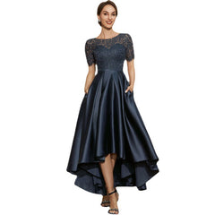 Navy Blue Satin Ball Lace Short Sleeve Dress - kinko