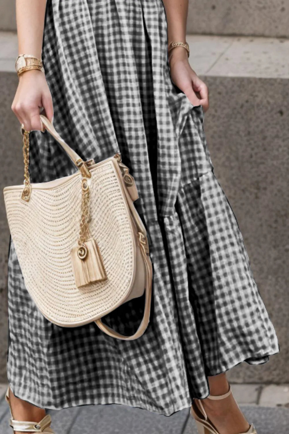 Full Size Smocked Ruffled Plaid Ruffle Hem Dress - kinko