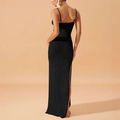 Solid Color Sling Dress Side Slit Summer Pure Want to Wear Seaside Women Knitted Dress Slim French Hip - kinko Global Holdings inc