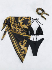 Vintage Print Lace up Sexy Bikini Swimsuit Mesh Three Piece Swimsuit