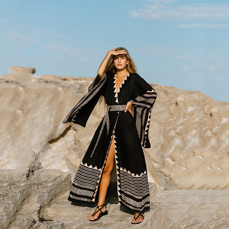Cotton Printed Cardigan Seaside Vacation Sun Protection Shirt Beach Bikini Cover Swimsuit Outwear Women - kinko Global Holdings inc