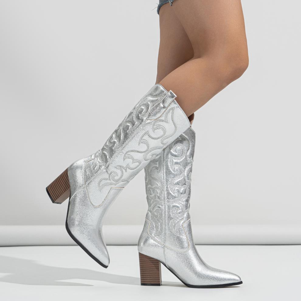 Knee High Boots Thick Sponge Soft Embroidered Floral Personality Pointed Chunky Heel High Heel plus Size Boots Ethnic - kinko Global Holdings inc