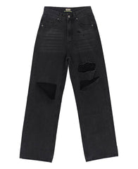 Black Gray Women High Waist Ripped Jeans Baggy Straight Trousers - kinko Global Holdings inc