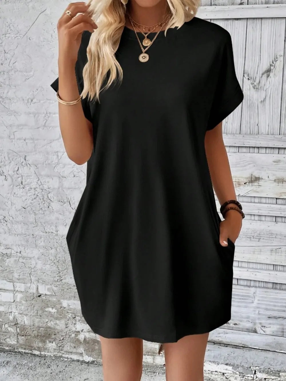 Pocketed Round Neck Short Sleeve Dress - kinko