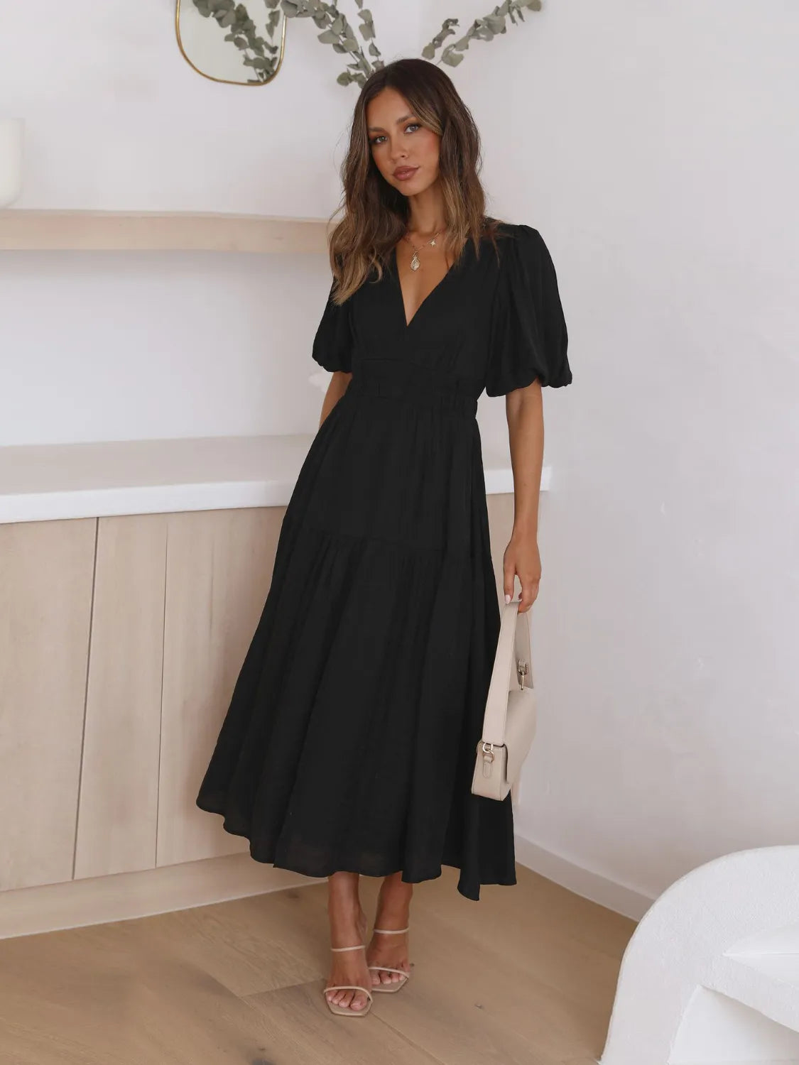 Tiered Surplice Half Sleeve Midi Dress - kinko