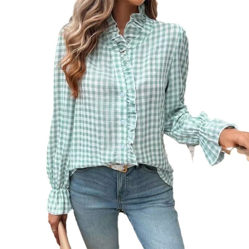 Women's French-style Plaid Shirt With Wooden Ears - kinko