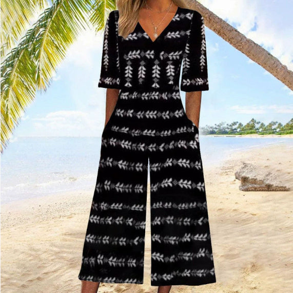Spring And Summer Print Women's Pocket Collar Jumpsuit - kinko