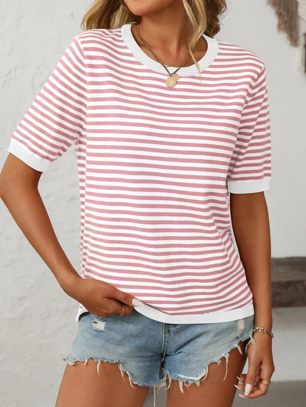 Mandy Striped Round Neck Half Sleeve Knit Top - kinko