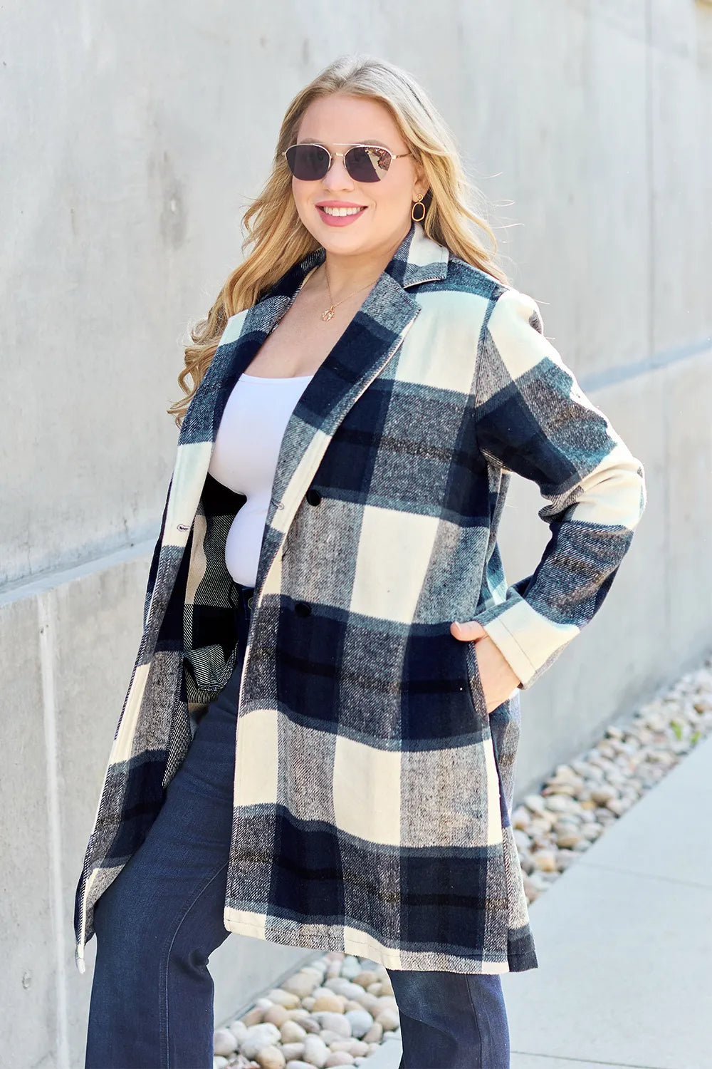 Double Take Full Size Plaid Button Up Lapel Collar Coat - kinko