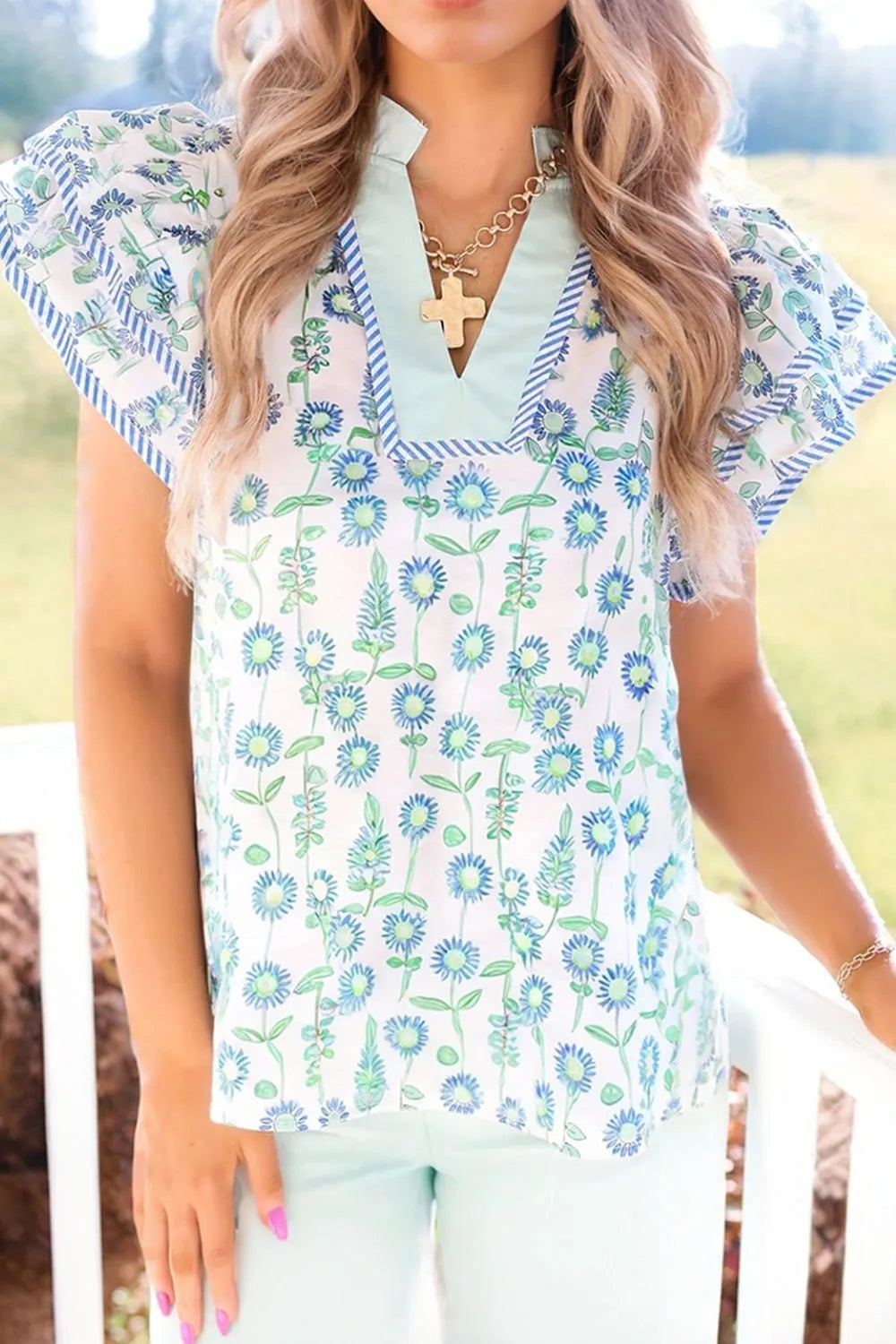 Floral Print Notched Ruffled Sleeve Blouse - kinko