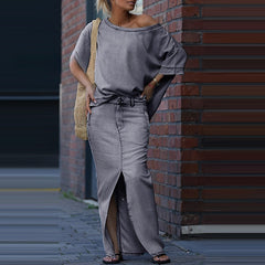 European And American Women's Fashion Tops Slit Skirt Two-piece Skirt Suit - kinko