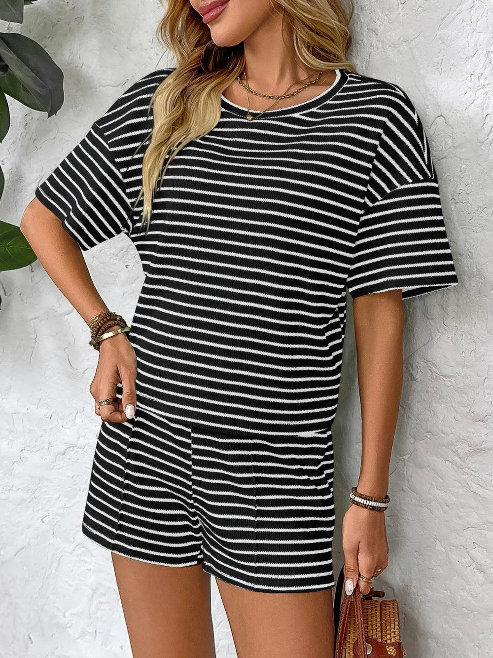 Striped Round Neck Short Sleeve Top and Shorts Set - kinko