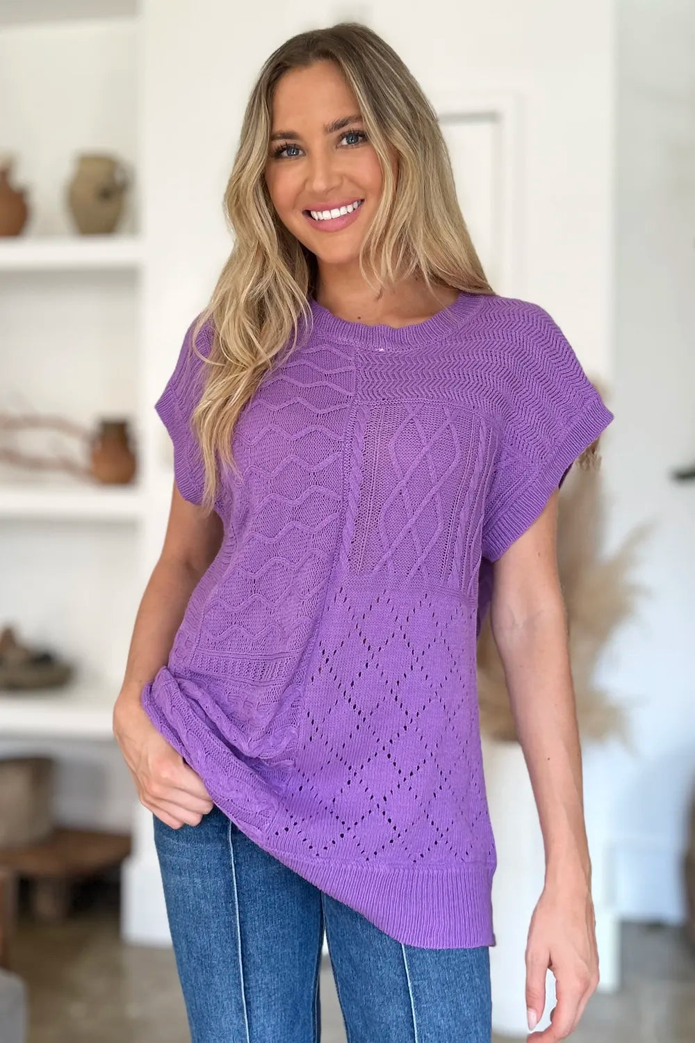 Double Take Full Size Cable-Knit Round Neck Cap Sleeve Sweater - kinko