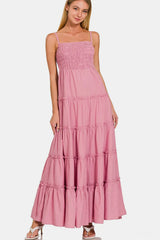 Zenana Woven Smocked Tiered Cami Maxi Dress - kinko