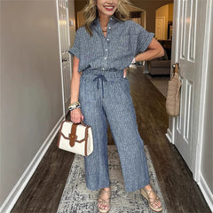 Women's Striped Suit Lapel Short Sleeve Straight Idle Style Trousers - kinko
