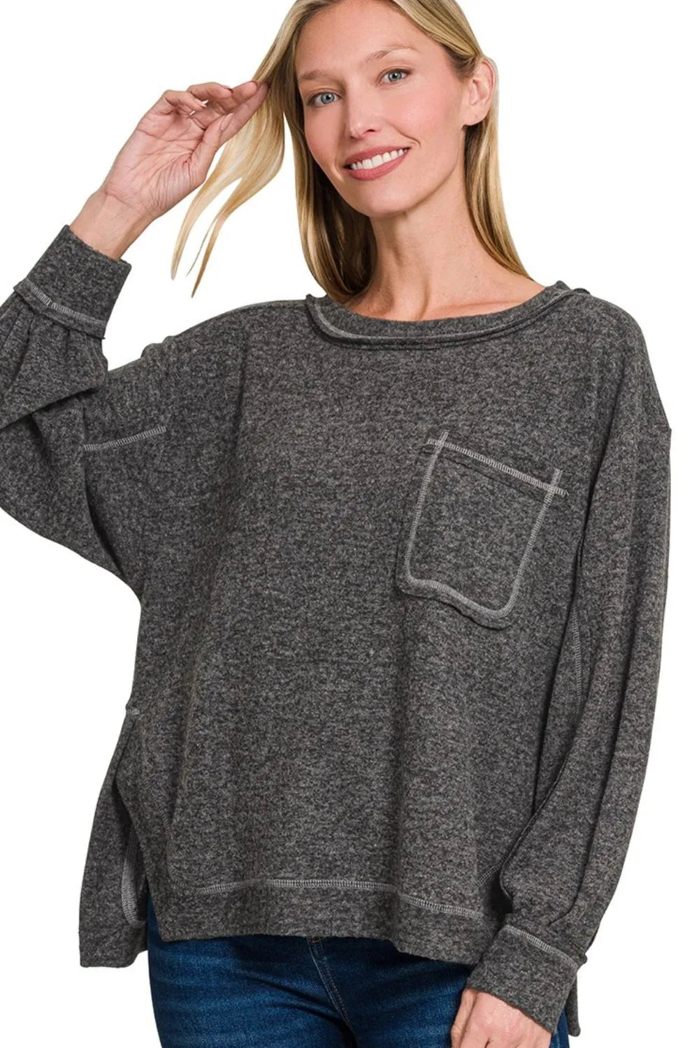 Zenana Brushed Hacci Hi-low Round Neck Knit Top - kinko