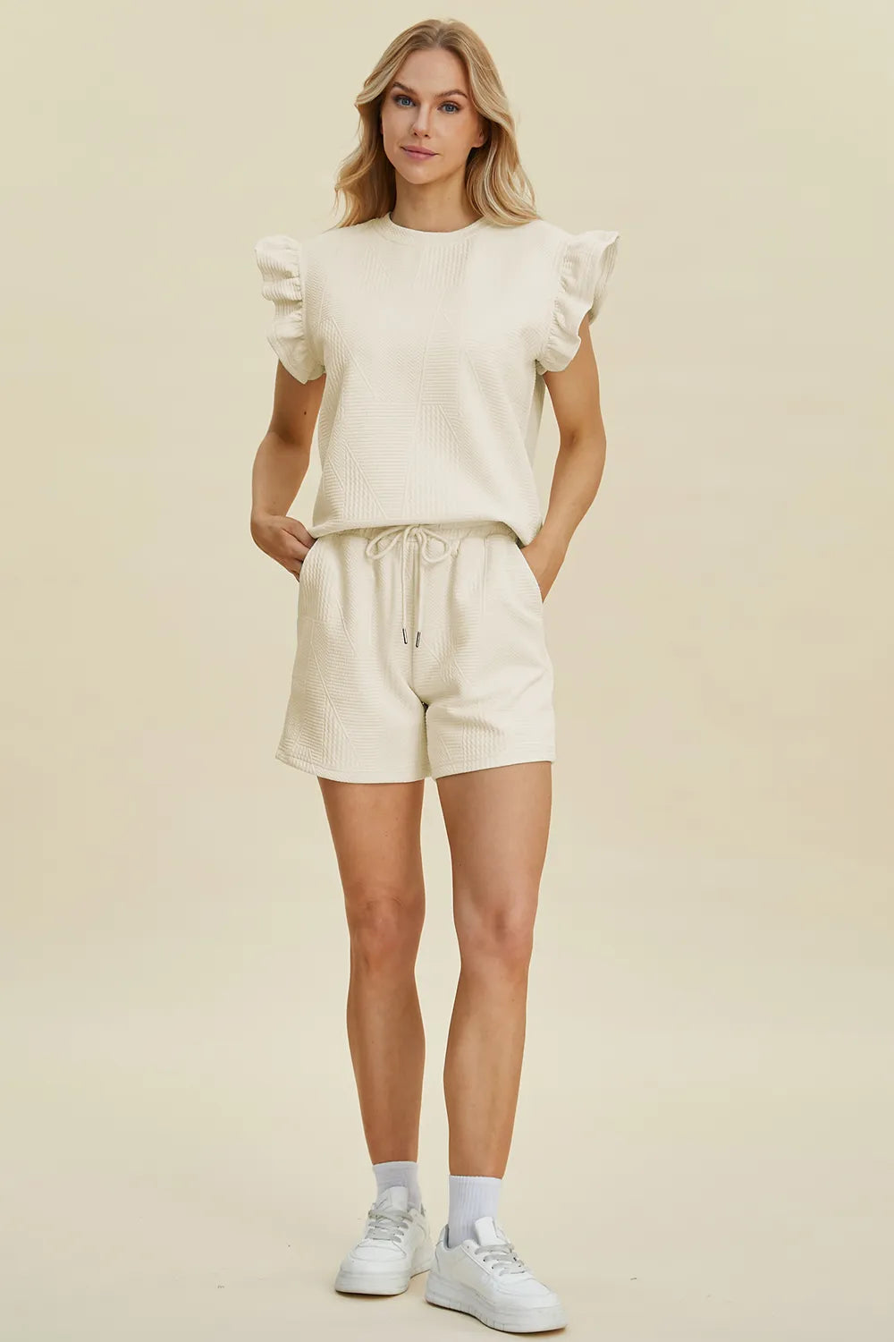 Double Take Full Size Texture Round Neck Ruffle Sleeve Top and Shorts Set - kinko