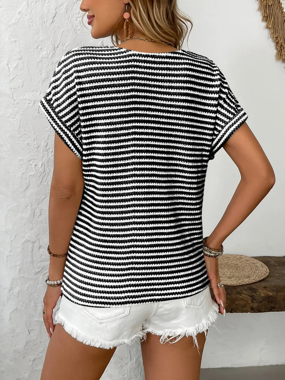 Striped V-Neck Short Sleeve T-Shirt - kinko
