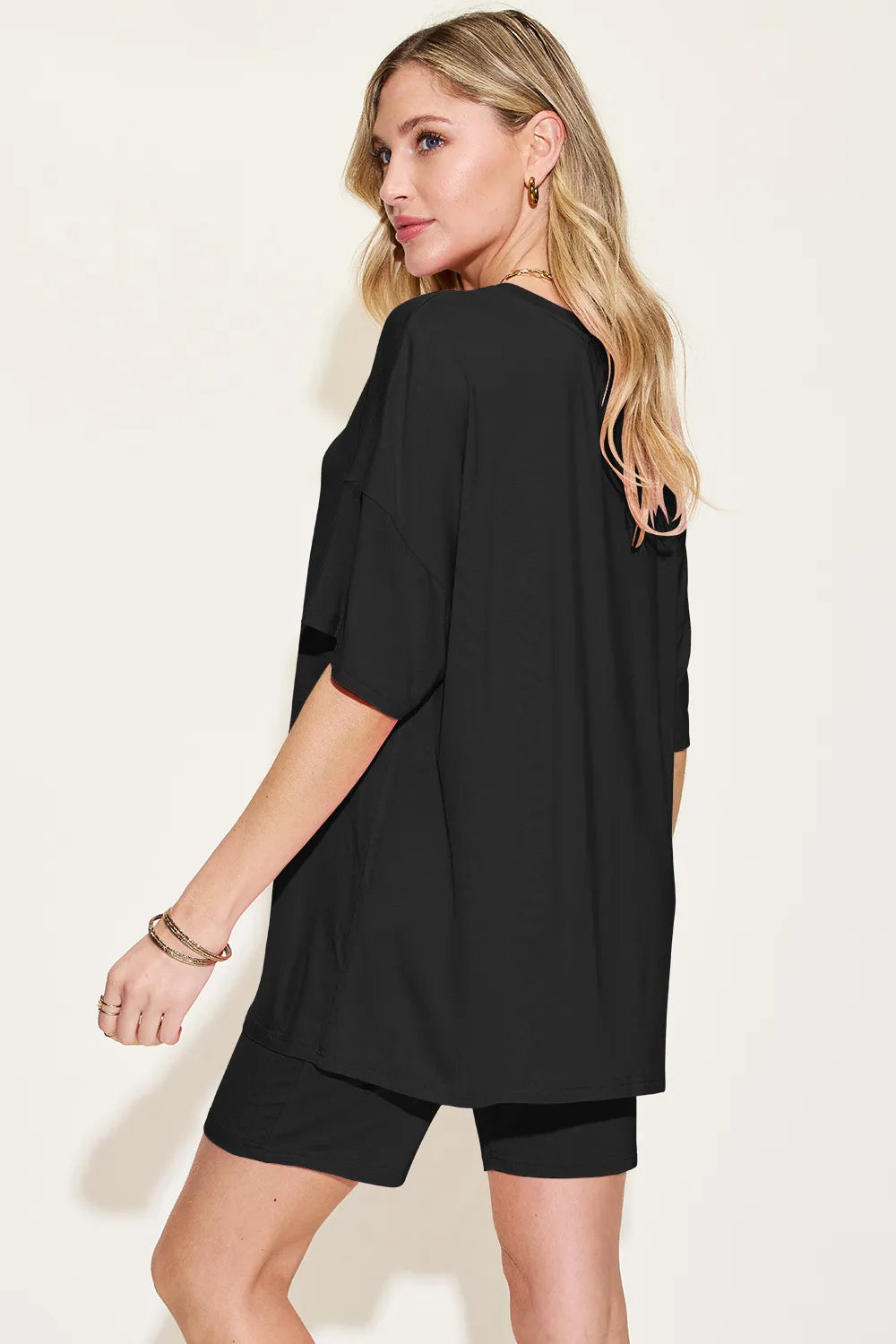 Basic Bae Bamboo Full Size V-Neck Drop Shoulder T-Shirt and Shorts Set - kinko