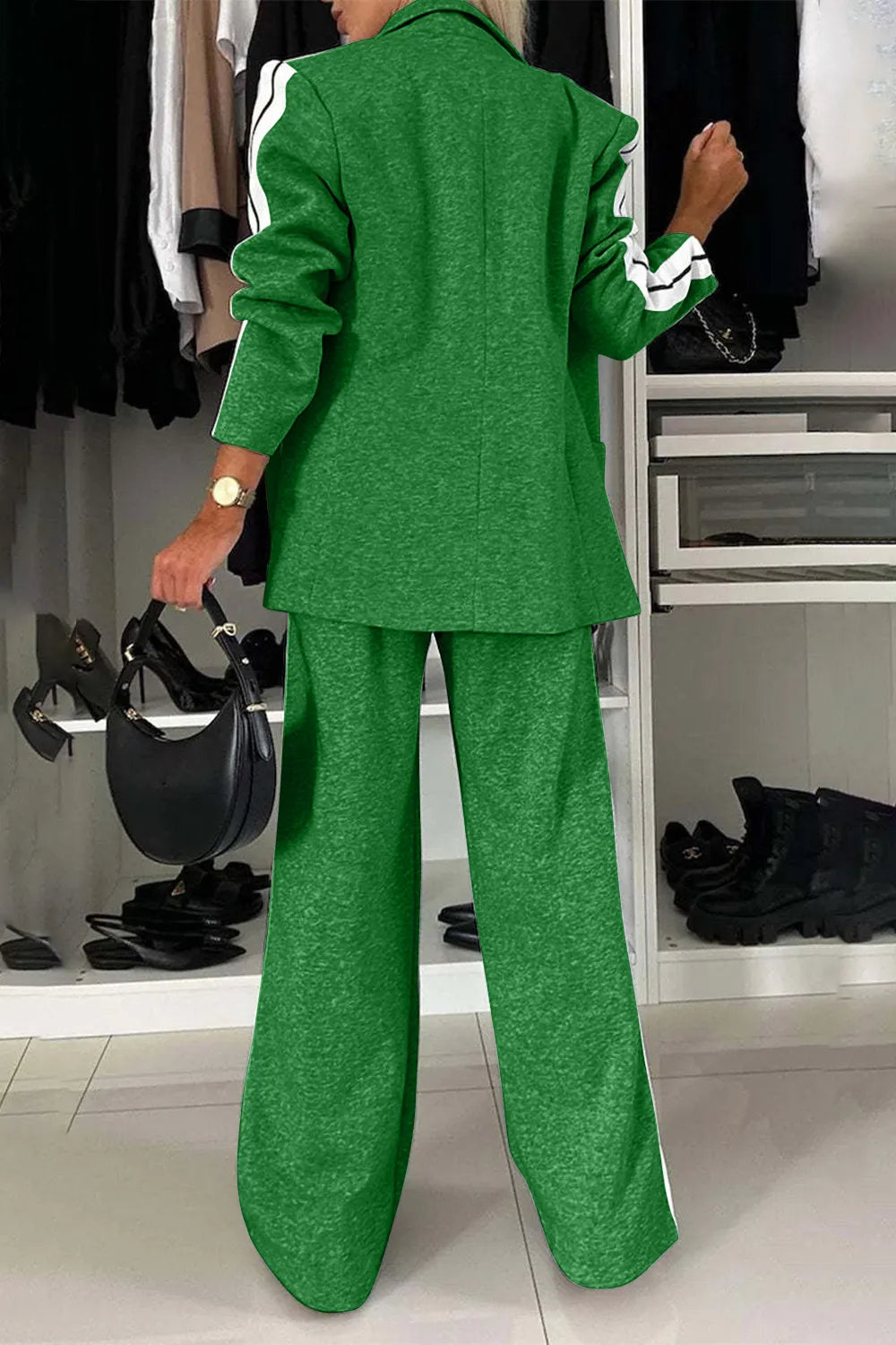 Full Size Contrast Lapel Collar Top and Pants Set - kinko