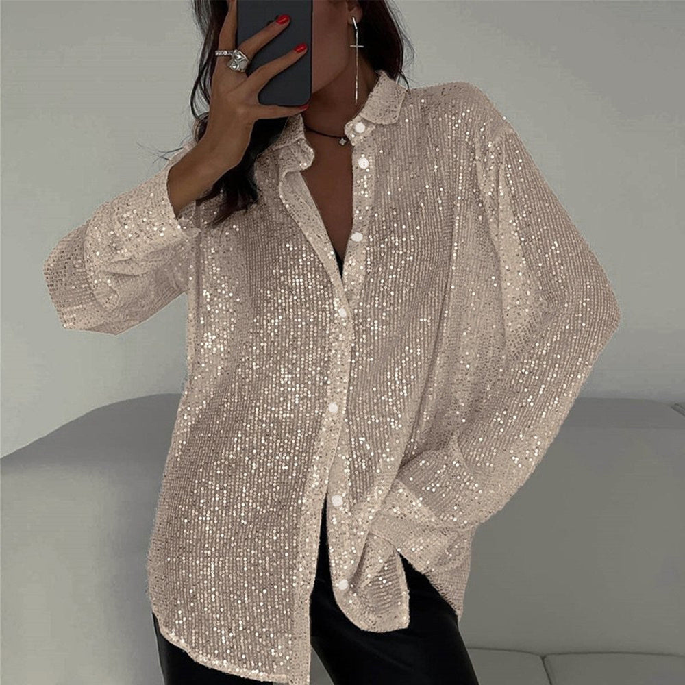 Elegant Women's Sequin Shirt - Stylish Long Sleeve Button-Up Blouse With Glitter Details, Perfect For Party & Casual To Formal Wear - kinko