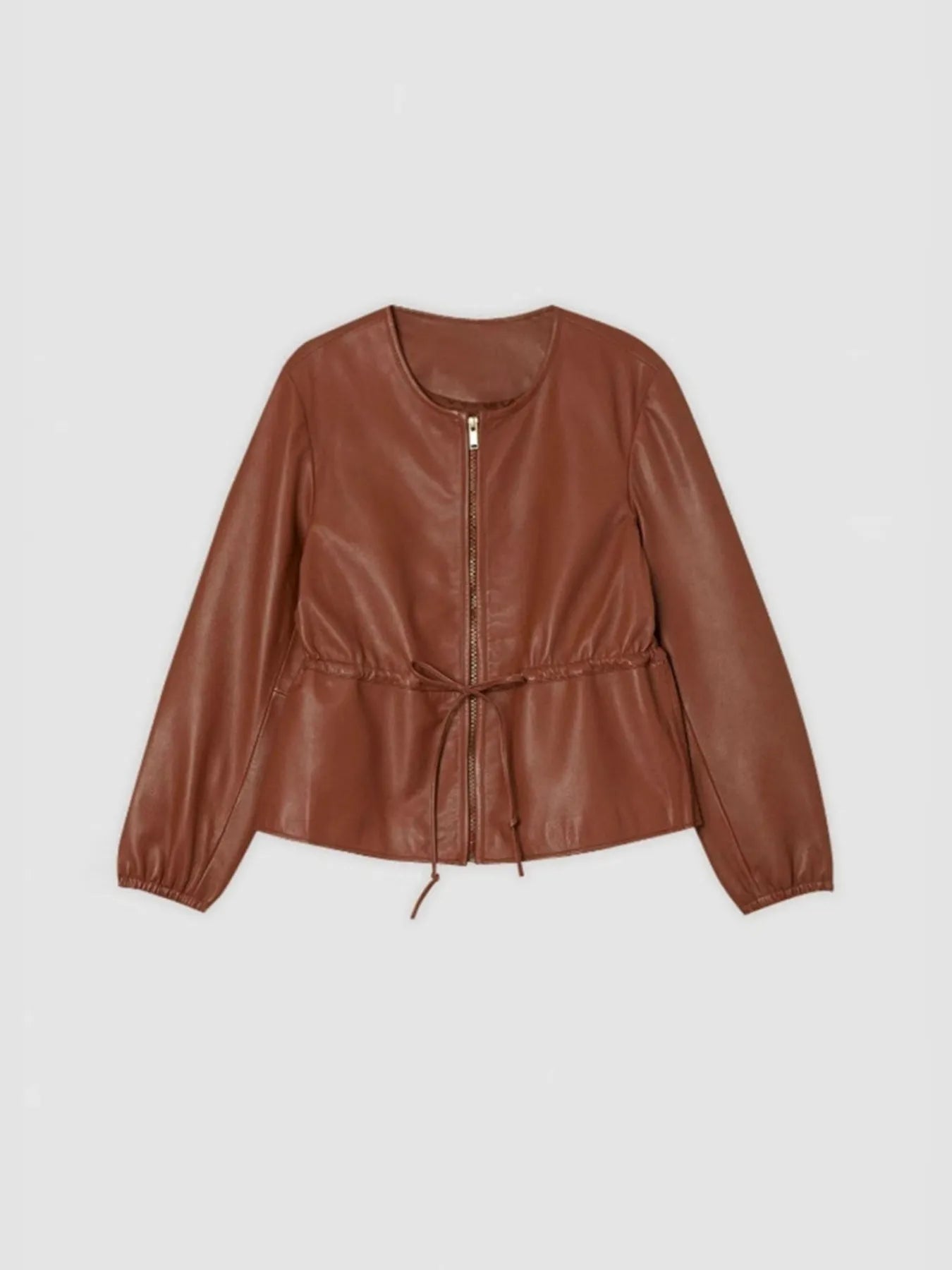 Drawstring Zip Up Leather Jacket - kinko