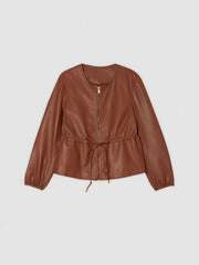 Drawstring Zip Up Leather Jacket - kinko