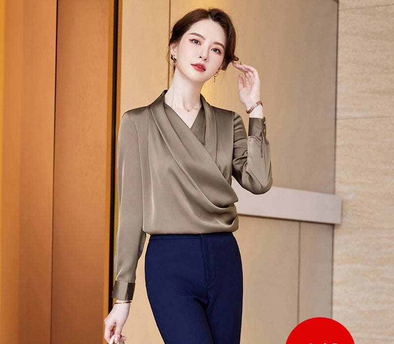 Long Sleeve V-neck New Acetate All-matching Pullover Business Wear Bottoming Shirt For Women - kinko
