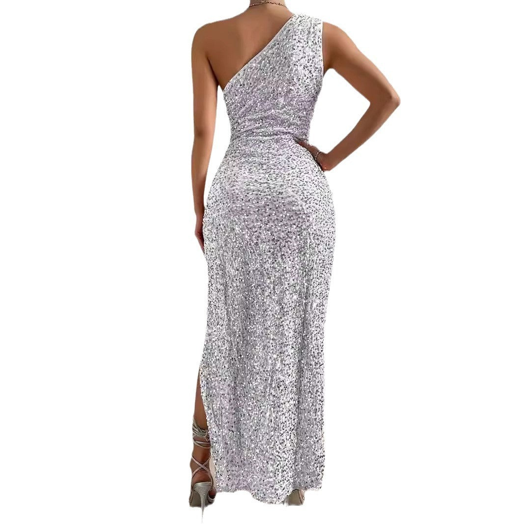 Sexy Sequined Shoulder Sleeping Beauty Split Solid Color Dress - kinko