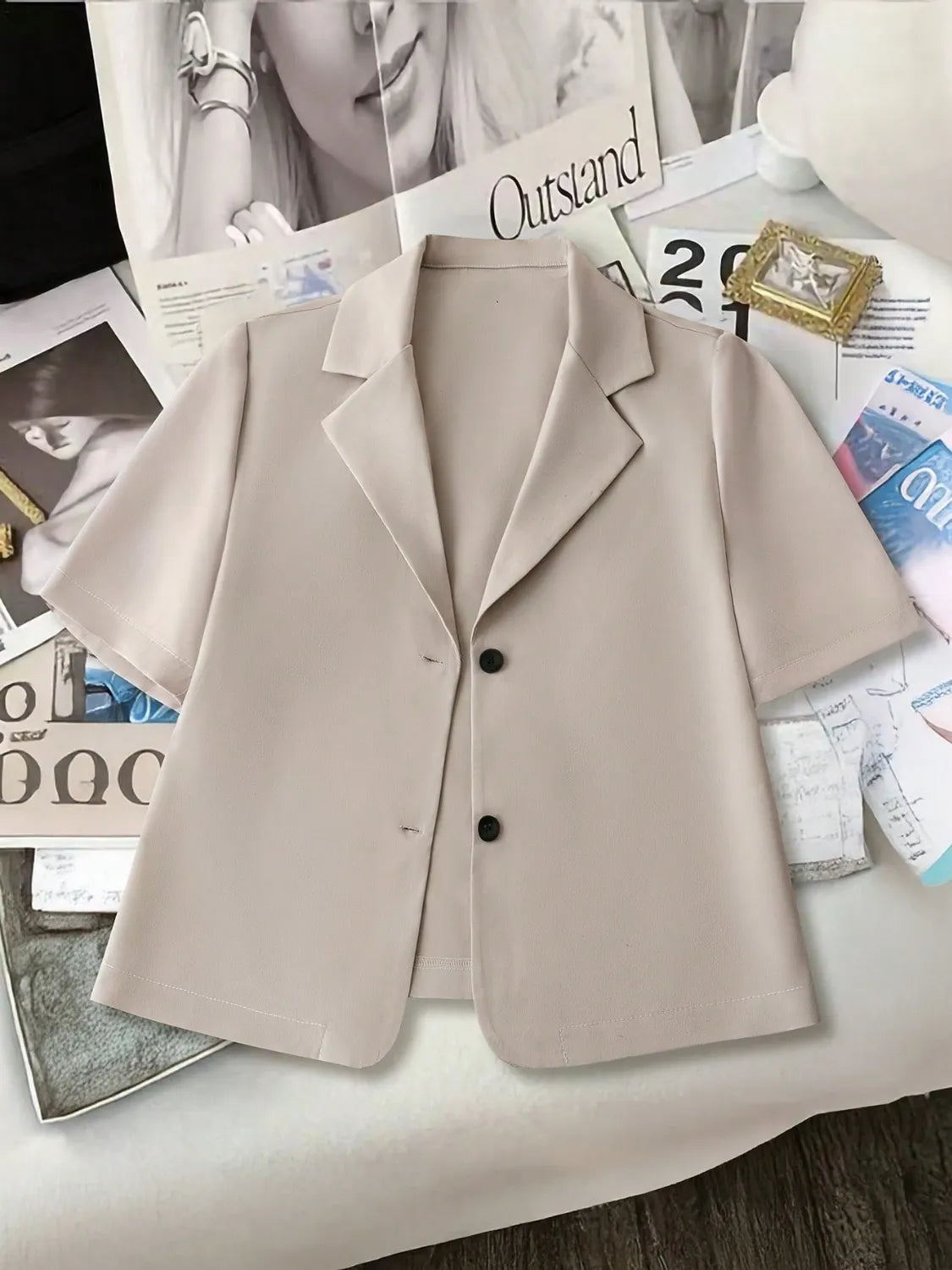 Short Sleeve Lapel Collar Solid Blazer - kinko