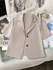 Short Sleeve Lapel Collar Solid Blazer - kinko
