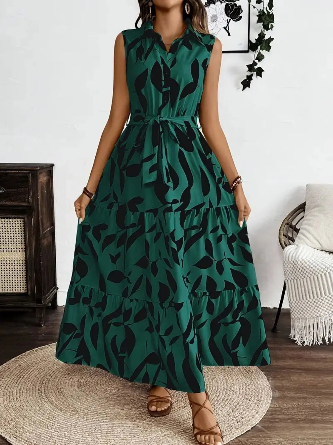 Printed Tie Waist Sleeveless Maxi Dress - kinko