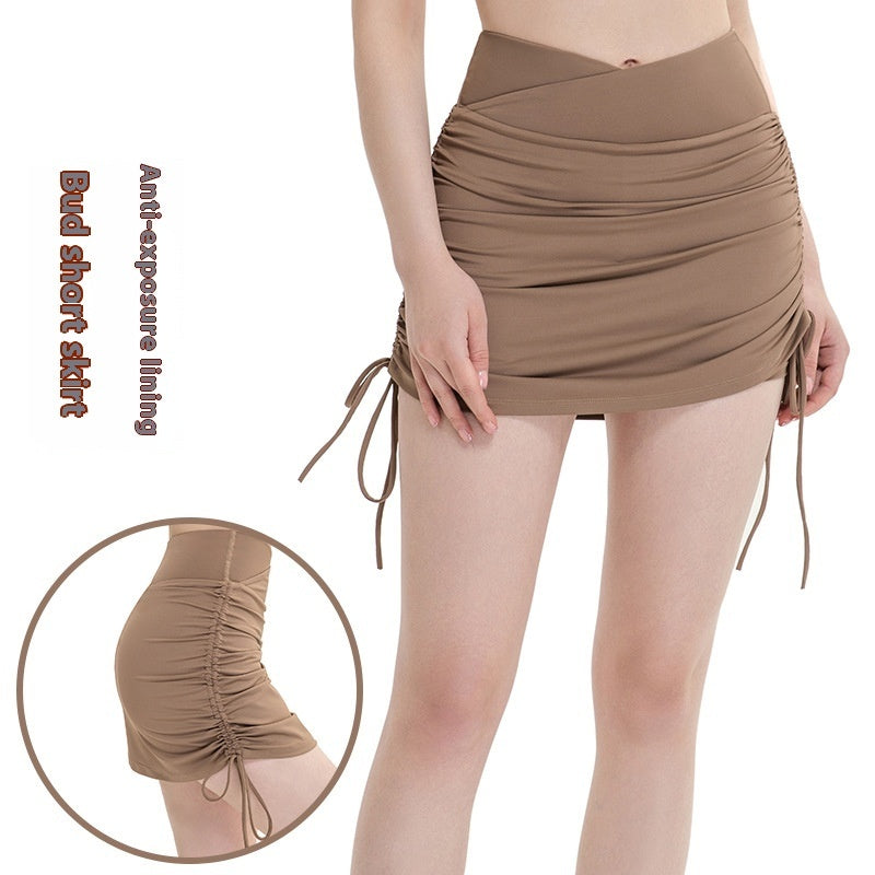 Drawstring High Top Sports Short Skirt Women's Running Anti-exposure Yoga Shorts - kinko