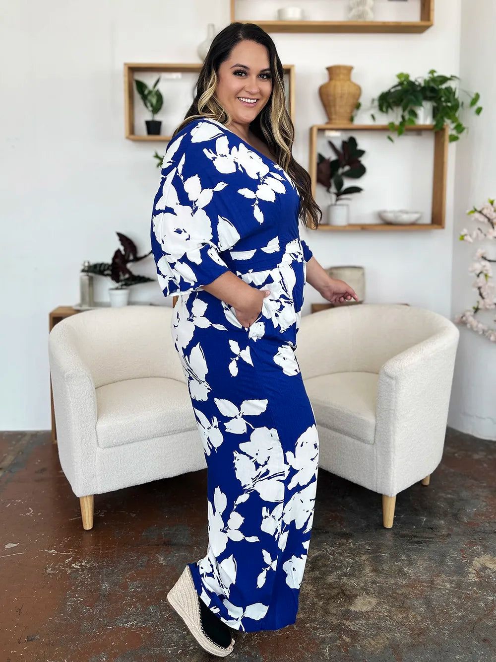 Double Take Full Size Printed Tie Back Wide Leg Jumpsuit - kinko