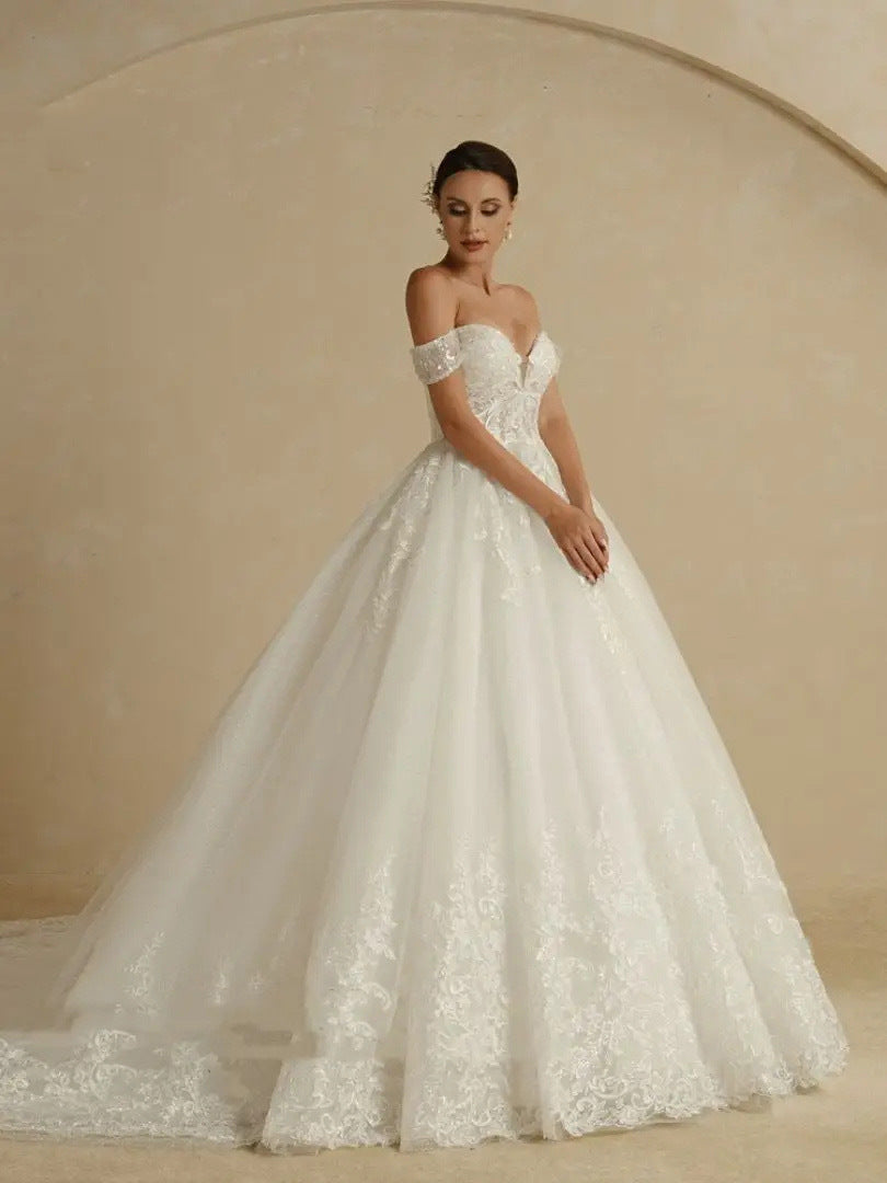 Off-shoulder Bridal Main Wedding Dress Elegant Court Style High-grade Luxury French Light Door Yarn - kinko