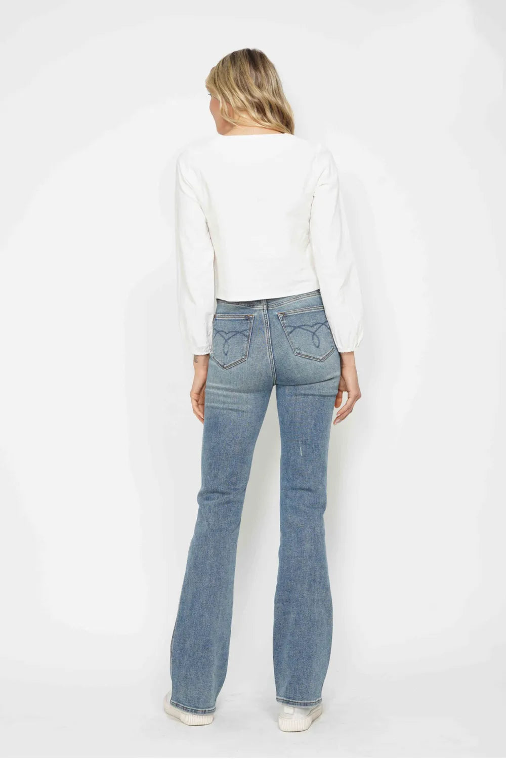 Judy Blue Full Size Tummy Control Back Embroidered Pocketed Bootcut Jeans Plus Size - kinko