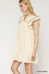 Umgee Bow Print Ruffled Cap Sleeve Mini Dress - kinko