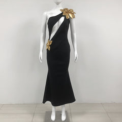 Slim-fit Bandage Golden Flower Maxi Dress - kinko