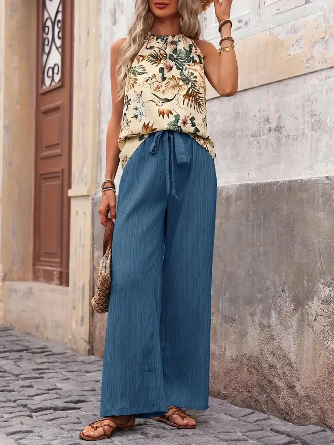 Printed Tank Top and Wide Leg Pants Set - kinko